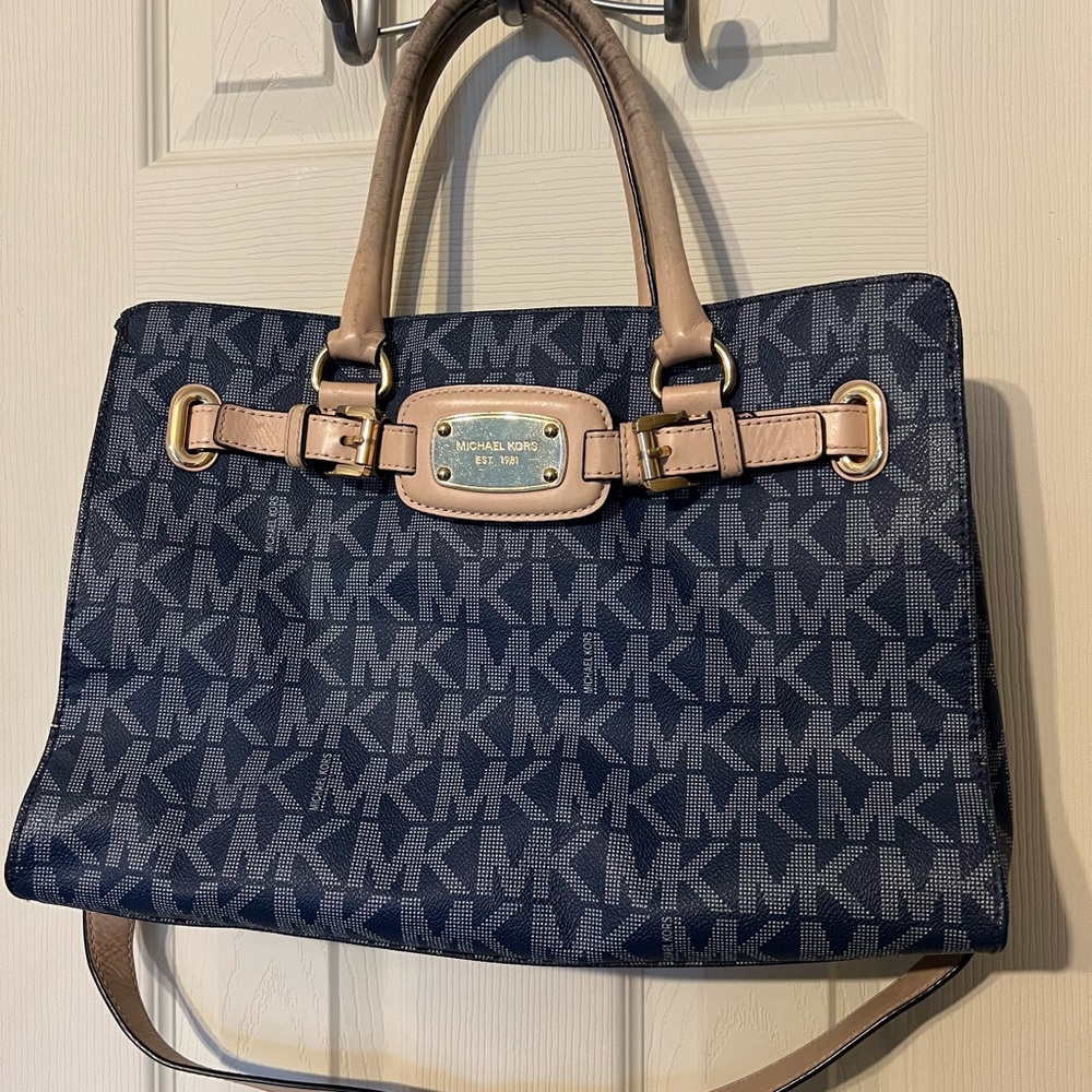 Michael Kors Hamilton East West Signature Tote Bag Navy and Tan - Fair Condition
